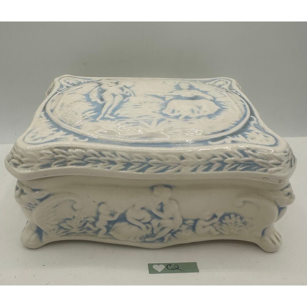 Victorian ceramic trinket box with blue relief design, ornate & footed